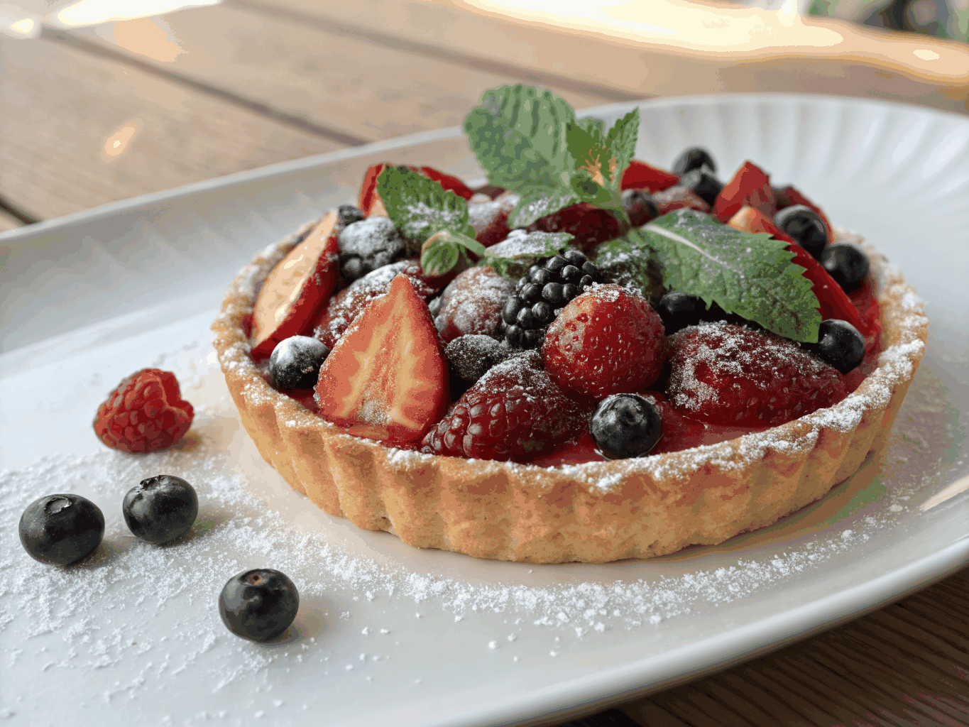 Feine Beerentarte mit frischen Waldbeeren und Puderzucker