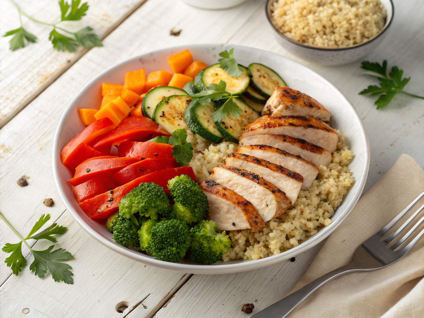 Herzhafte geröstete Bowl mit frischem Gemüse und Beilagen