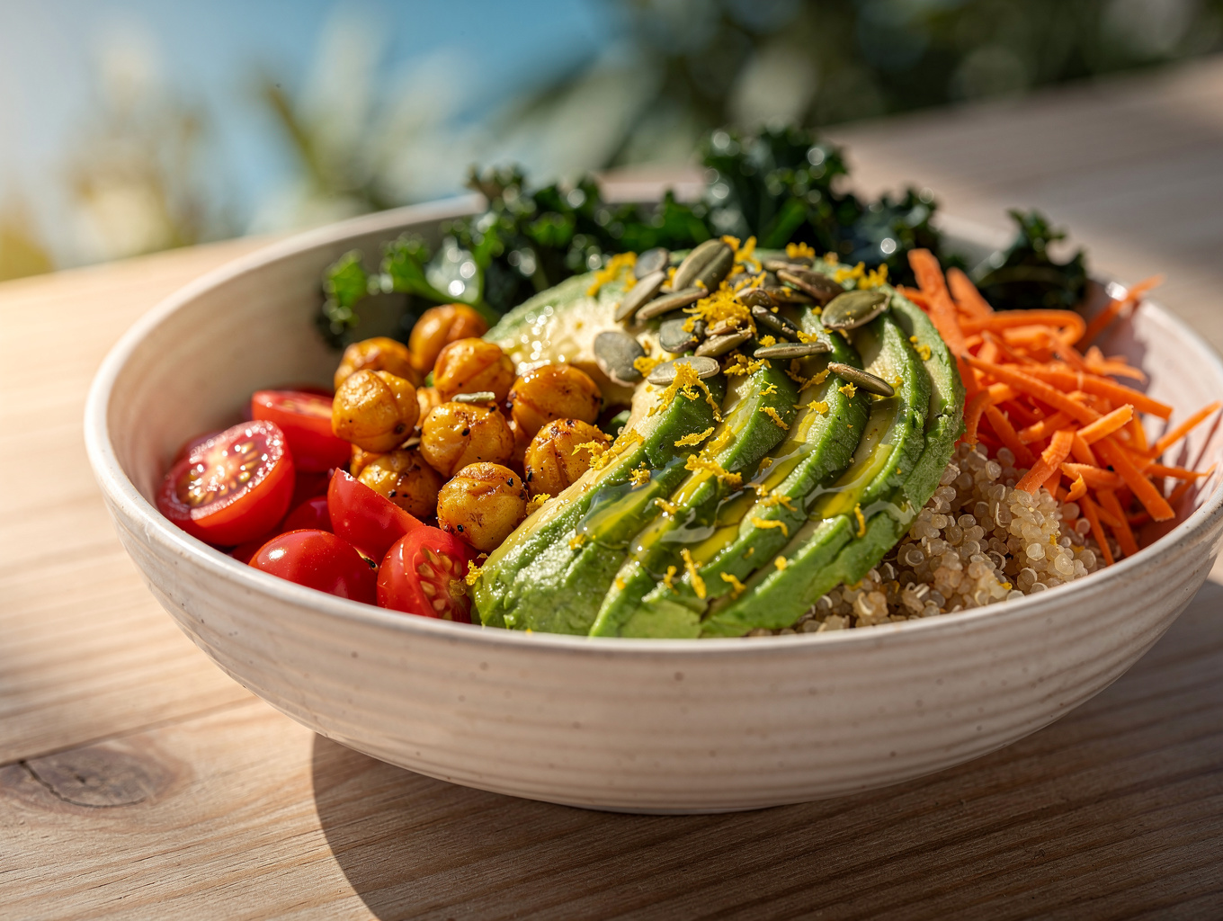 Vegane Grain Bowl mit Quinoa, Avocado und Kichererbsen