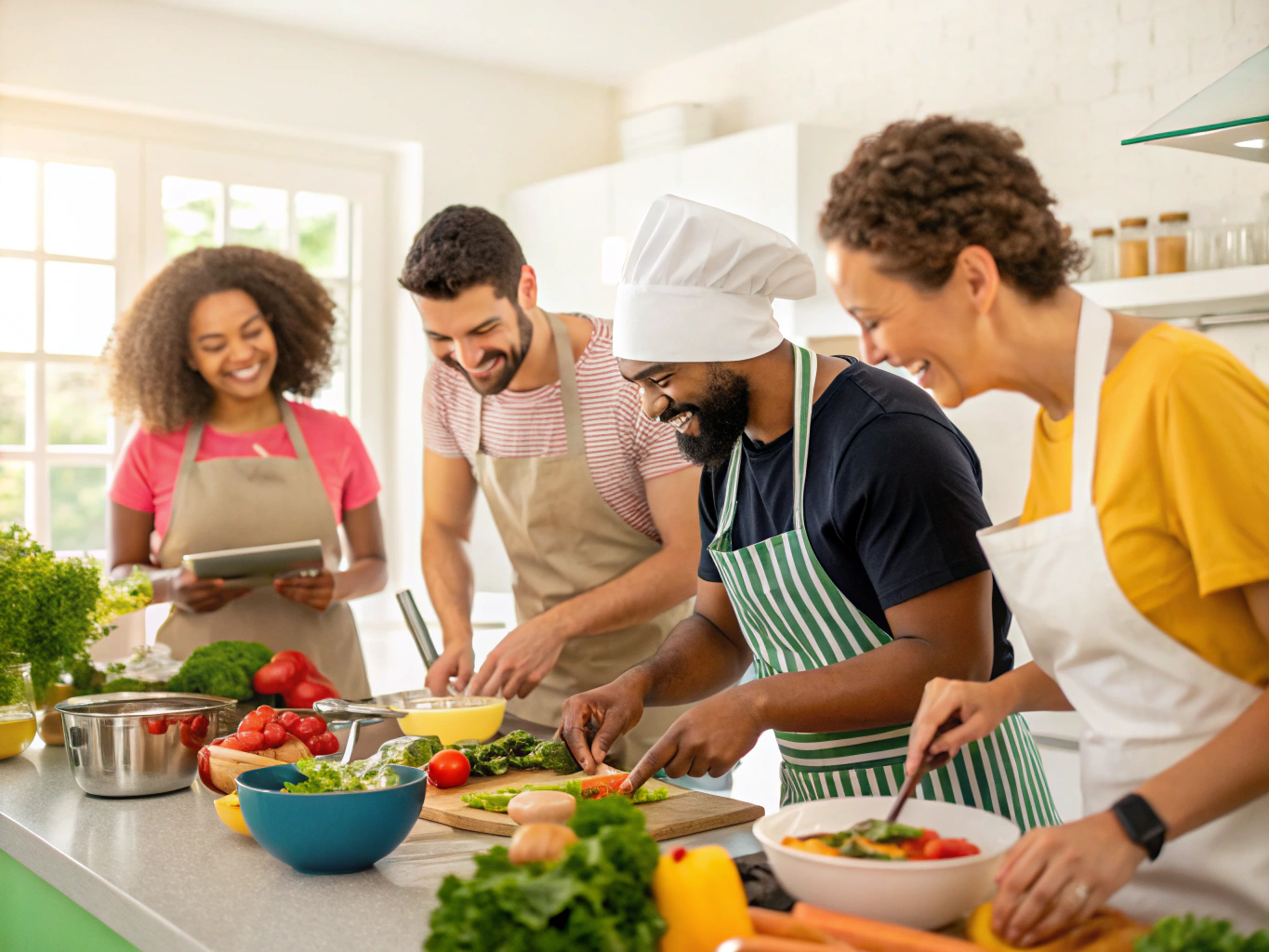 Das Kochly Redaktionsteam beim gemeinsamen Kochen und Rezepttesten an einem sonnigen Holztisch