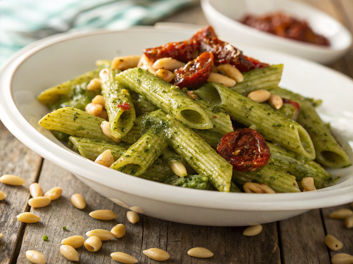 Frische mediterrane Pasta mit Zitrone, Basilikum und Pinienkernen